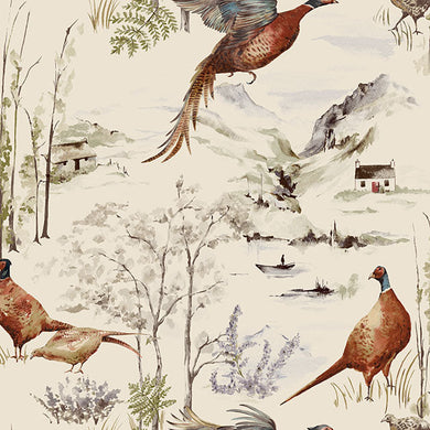 Highland Pheasants Cotton Curtain Fabric in Autumn shades and nature-inspired design