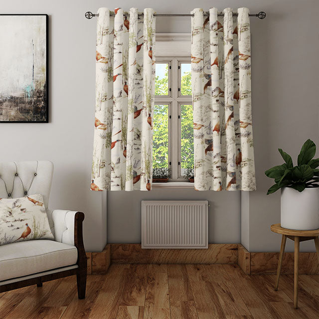Autumn-themed Highland Pheasants Cotton Curtain Fabric ideal for cozy home decor