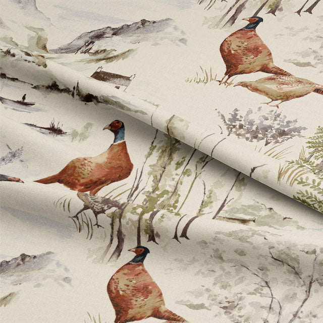 Elegant and rustic curtain fabric featuring Highland Pheasants in vibrant Autumn colors