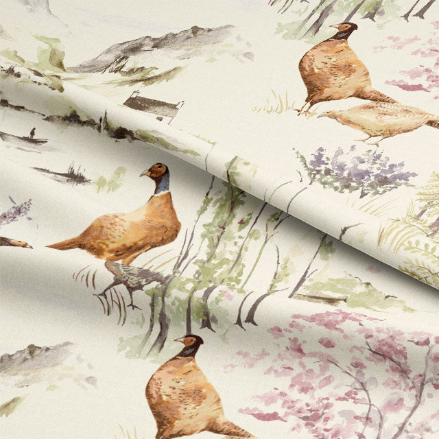 Highland Pheasants Cotton Curtain Fabric - Spring with intricate pheasant and floral design