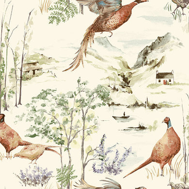 Highland pheasants cotton curtain fabric in vibrant summer colors