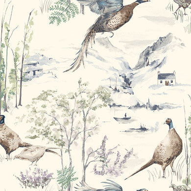 Highland Pheasants Cotton Curtain Fabric - Winter, featuring elegant pheasant designs in a cozy winter color palette