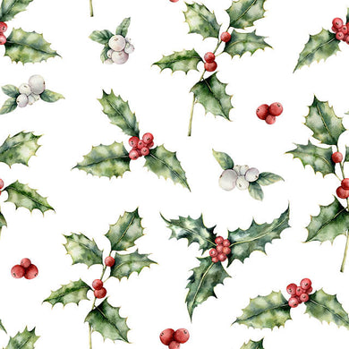 Holly & Mistletoe Cotton Curtain Fabric - White with red and green Christmas patterns