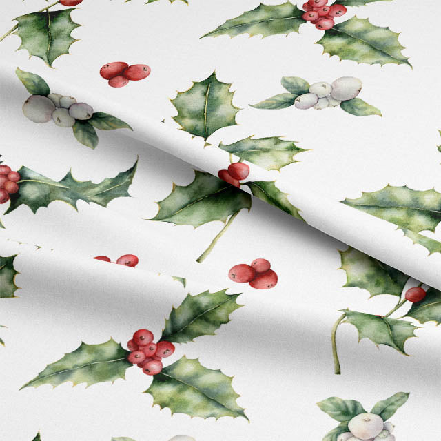 White cotton curtain fabric with holly and mistletoe print, perfect for holiday-themed home decor