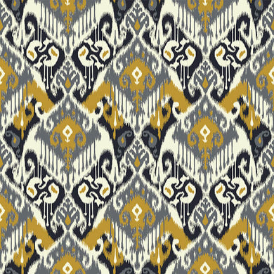 Ikat Cotton Curtain Fabric in Ochre color with intricate geometric pattern