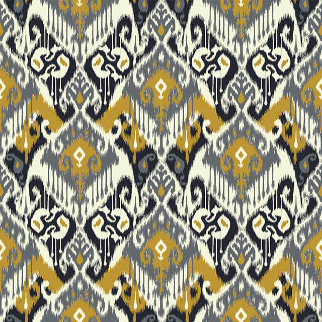 Ikat Cotton Curtain Fabric in Ochre color with intricate geometric pattern