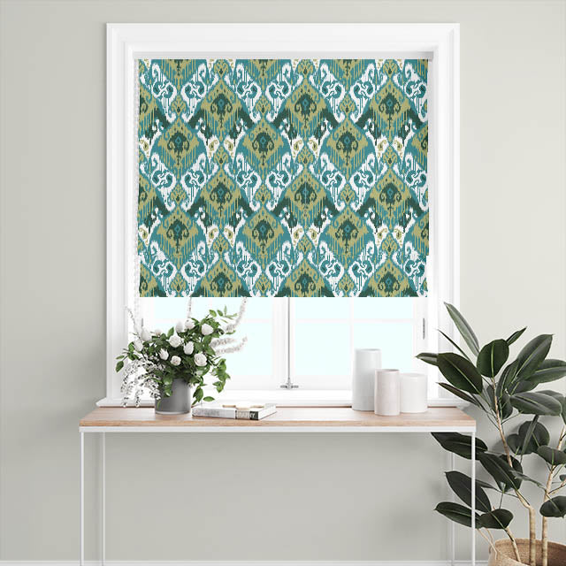 Teal Ikat Cotton Curtain Fabric with Traditional Ethnic Motifs