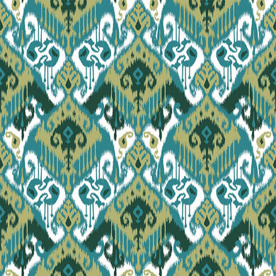 Ikat Cotton Curtain Fabric in Teal with Geometric Pattern and Textured Finish