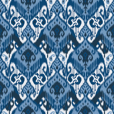 Ikat Cotton Curtain Fabric in Blue with Geometric Pattern
