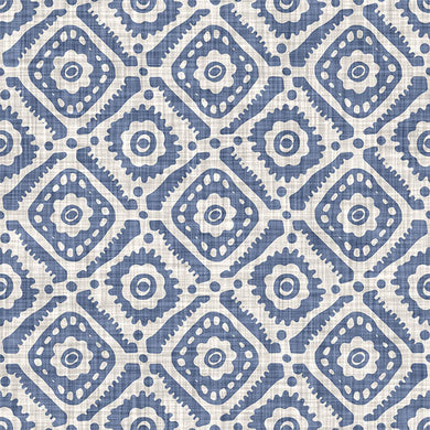 Ive Cotton Curtain Fabric - Blue with geometric pattern and white accents