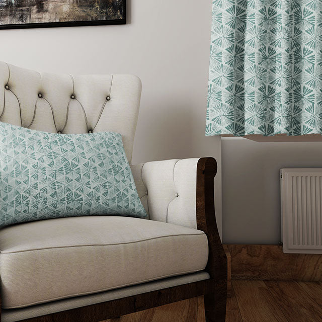 Teal Jodhpur Linen Curtain Fabric hanging in a stylish living room, adding a touch of sophistication