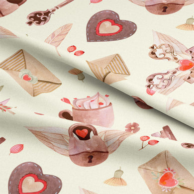 Close-up of the intricate heart-shaped key design on the red cotton curtain fabric