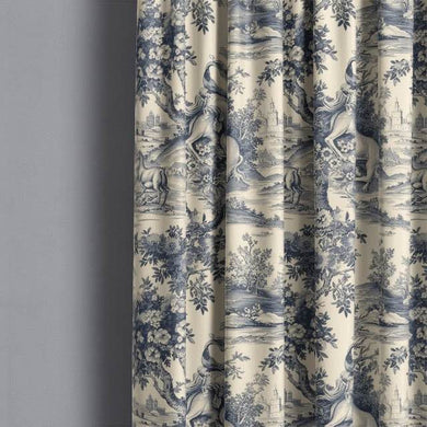 Navy blue Lyon Toile Linen Curtain Fabric swatch, perfect for adding a touch of sophistication to any room