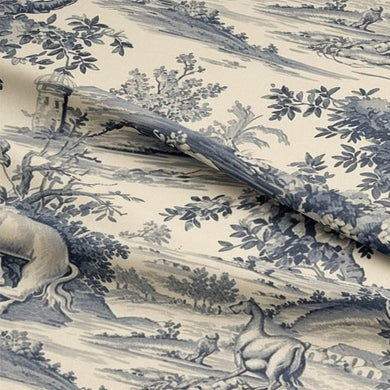 Close-up of Lyon Toile Linen Curtain Fabric in Navy, showcasing its intricate design and high-quality material