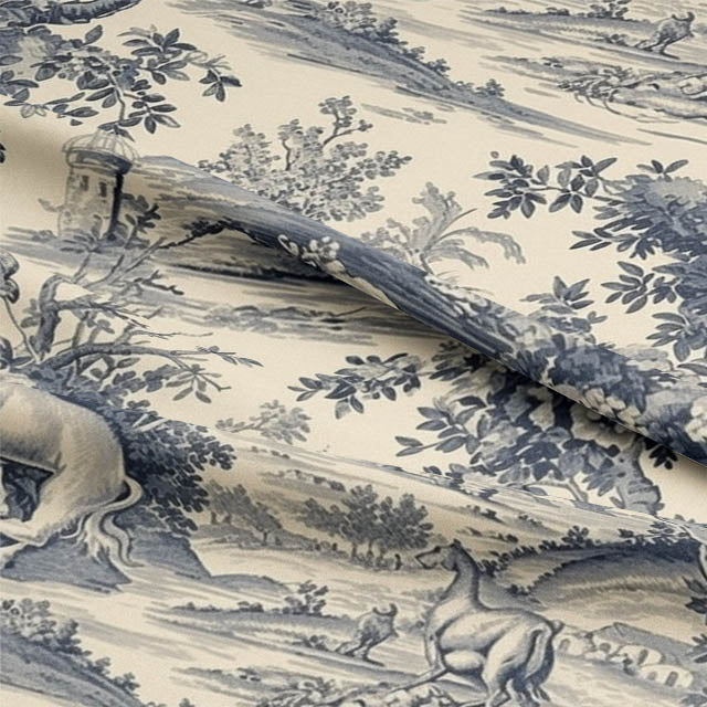 Close-up of Lyon Toile Linen Curtain Fabric in Navy, showcasing its intricate design and high-quality material