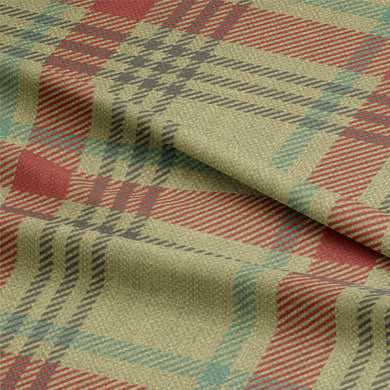 Close-up of the Maree Plaid Linen Curtain Fabric in Moss, showcasing the intricate weave and texture of the fabric, ideal for creating a cozy and inviting atmosphere in any room