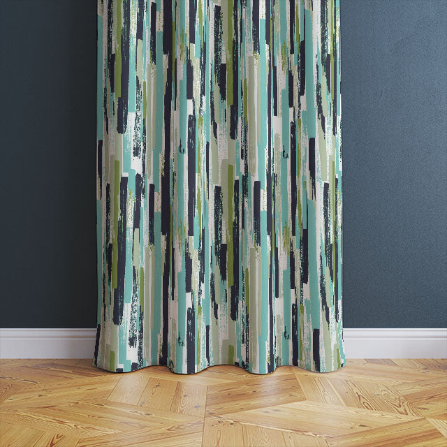 An interior shot of a living room with the Modernism Cotton Curtain Fabric - Ocean, complementing the modern decor and adding a touch of elegance