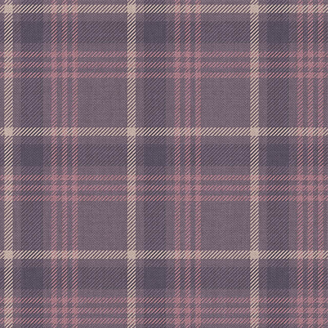 Morar Plaid Linen Curtain Fabric in Grape color draped over window