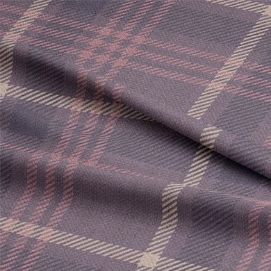 Elegant Morar Plaid Linen Curtain Fabric in Grape color hanging in living room