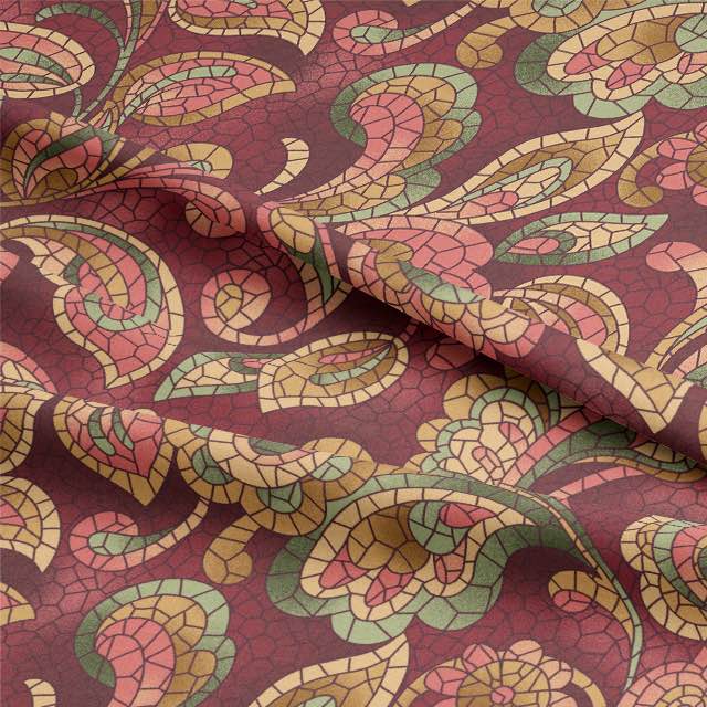 Luxurious red cotton curtain fabric with mosaic design