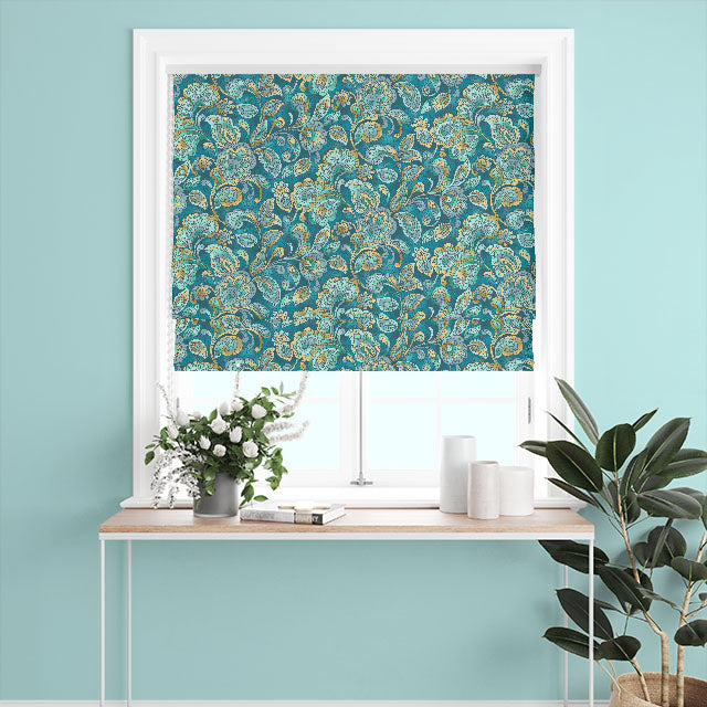 Teal fabric with a mosaic pattern made of 100% cotton material