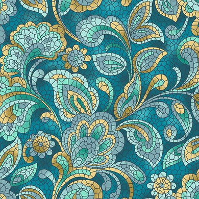 Mosaic Cotton Curtain Fabric in Teal with Geometric Pattern