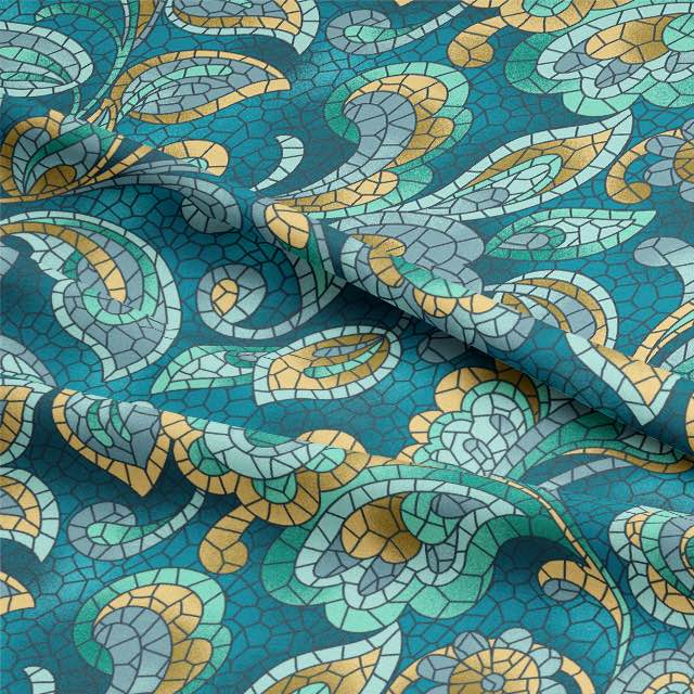 Teal colored cotton fabric with intricate mosaic design for curtains