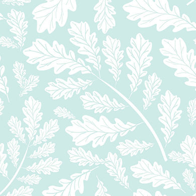 Oak Leaf Cotton Curtain Fabric in Duck Egg Blue - Close up texture and pattern details