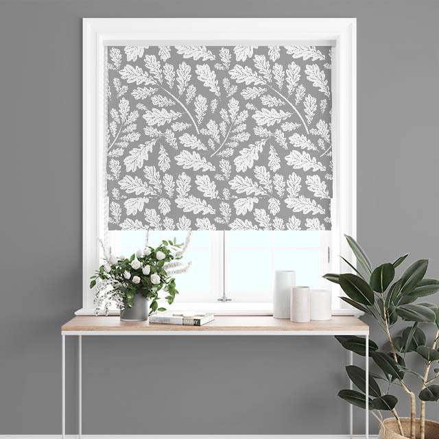 Pewter Oak Leaf Cotton Curtain Fabric draped elegantly in a living room