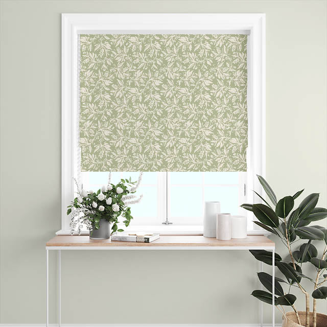 Oxford Leaf Green linen fabric used for a Roman blind in a soft green room