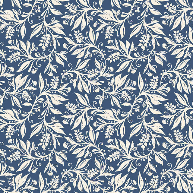 Flat swatch of Oxford Leaf Indigo fabric with elegant leaf motif