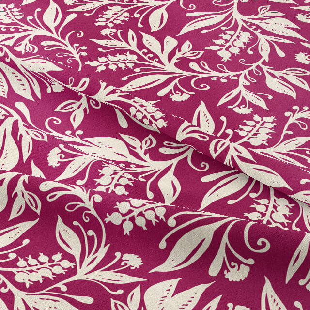 Oxford Leaf Wine curtain fabric showing full repeat of stylised cream leaf design on deep wine-coloured background