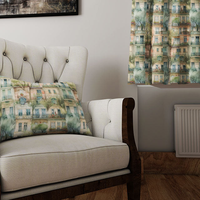 The Parisienne Walkways Cotton Curtain Fabric - Spring is a versatile and stylish choice for adding a fresh and cheerful look to your home decor