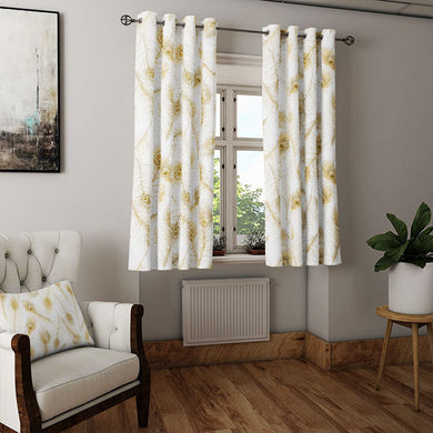 Amber-colored peacock feather cotton curtain fabric with intricate detailing and rich texture