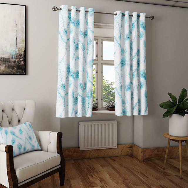 Beautiful azure cotton fabric featuring intricate peacock feather design