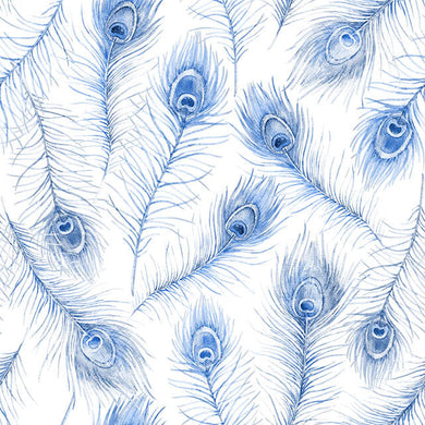 Peacock feather cotton curtain fabric in vibrant blue hue