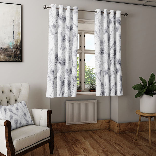 Grey Peacock Feather Cotton Curtain Fabric for Stylish Interior Design