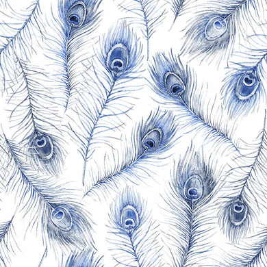 Close up of intricate peacock feather design on cotton curtain fabric