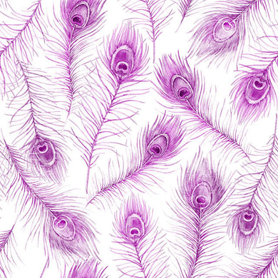 Peacock feather cotton curtain fabric in vibrant magenta color pattern
