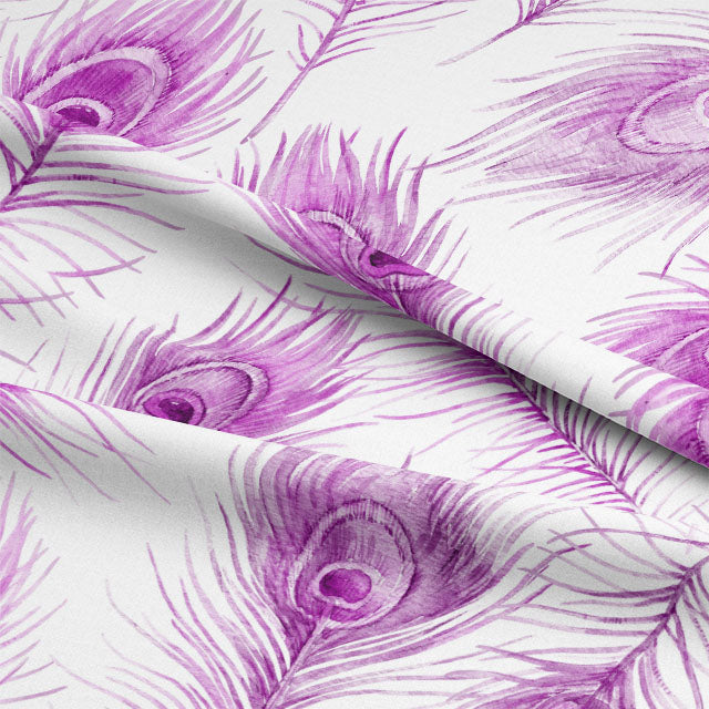 Luxurious peacock feather cotton curtain fabric with intricate magenta design