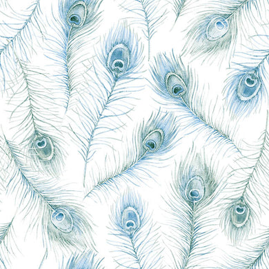 Peacock Feather Cotton Curtain Fabric - Mineral in rich teal and aqua tones