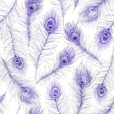 Peacock feather cotton curtain fabric in rich purple with intricate design