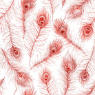 Peacock Feather Cotton Curtain Fabric - Red draped over a window in a stylish living room