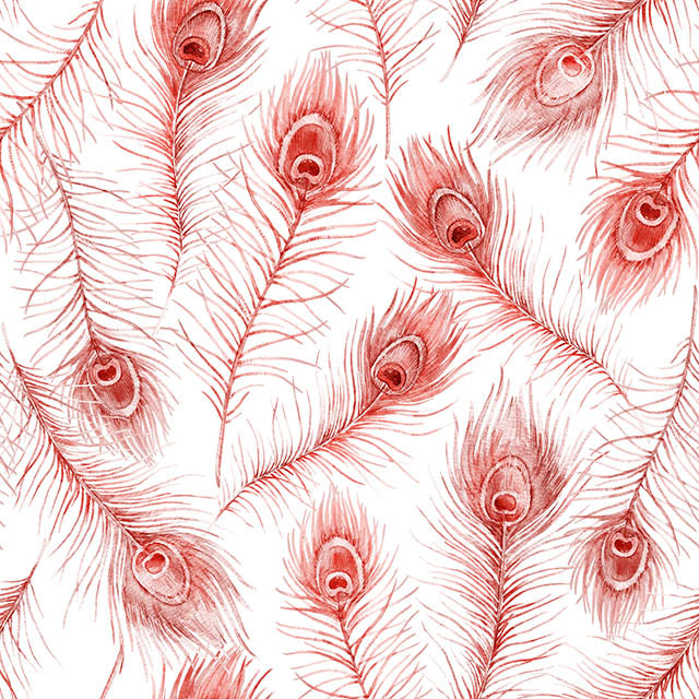 Peacock Feather Cotton Curtain Fabric - Red draped over a window in a stylish living room