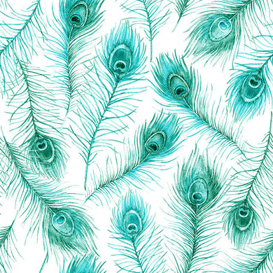 Peacock Feather Cotton Curtain Fabric in Teal with Intricate Pattern and Vibrant Colors