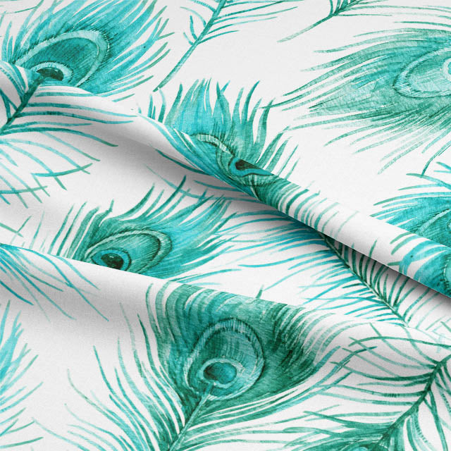 Elegant Teal Curtain Fabric with a Beautiful Peacock Feather Design and Soft Cotton Texture