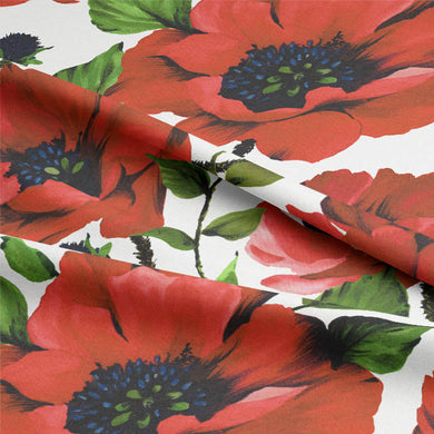 Elegant red poppy field cotton curtain fabric with a delicate pattern and smooth texture