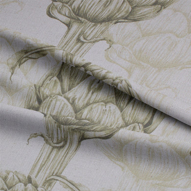 Close-up of Protea Linen Curtain Fabric - Cypress, highlighting its delicate weave and earthy green tones