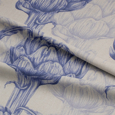 High-quality navy blue linen fabric for curtains, with a beautiful protea floral pattern