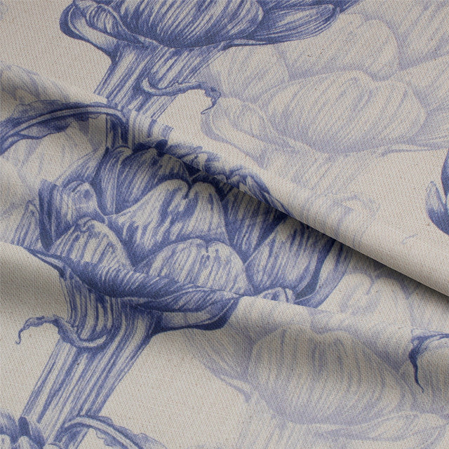 High-quality navy blue linen fabric for curtains, with a beautiful protea floral pattern